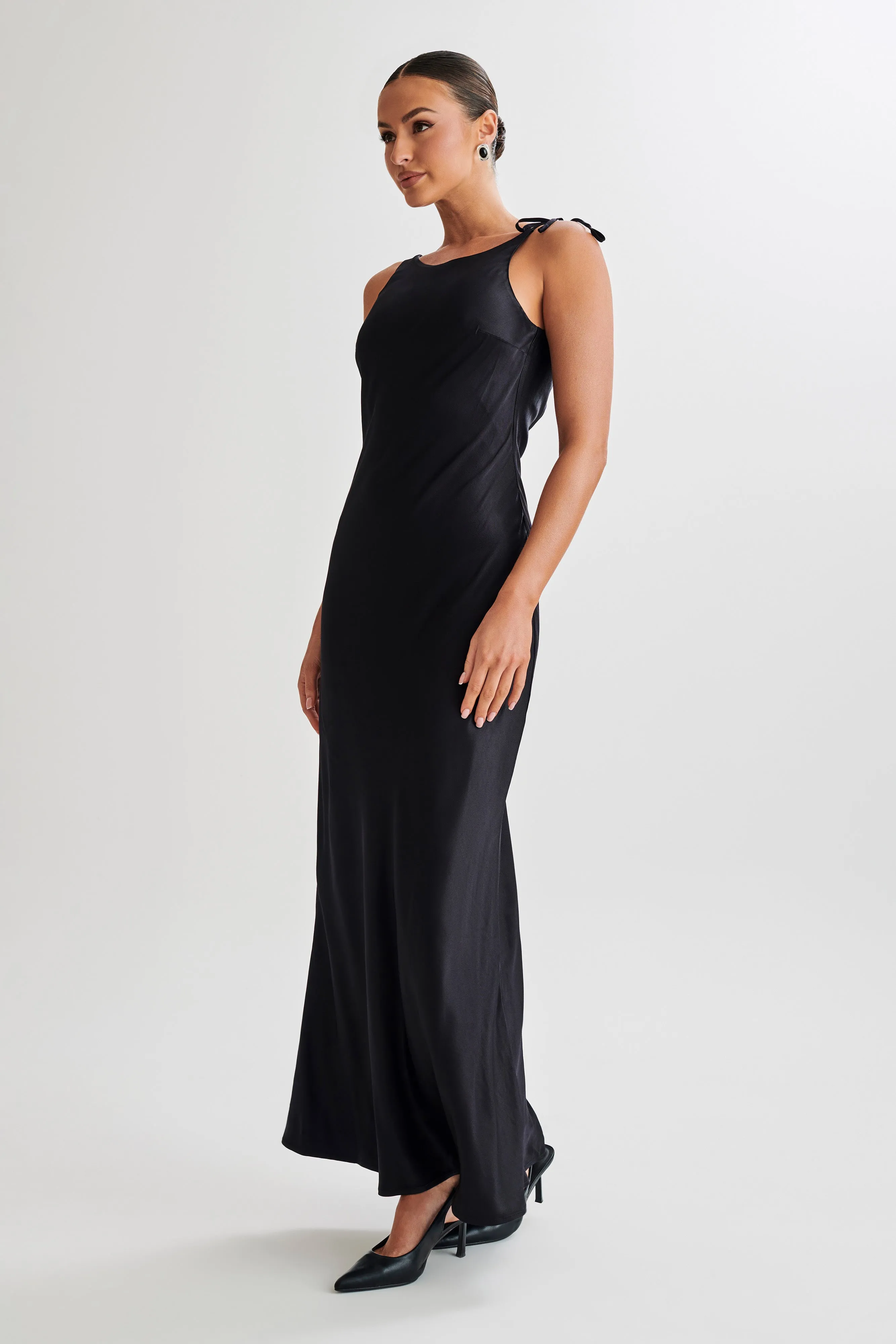 Annalise Satin Maxi Dress With Tie - Black