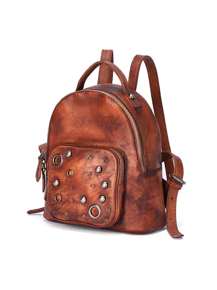 Best Vintage Rivet Red Leather Rucksack Womens Small School Backpacks Leather Backpack Purse