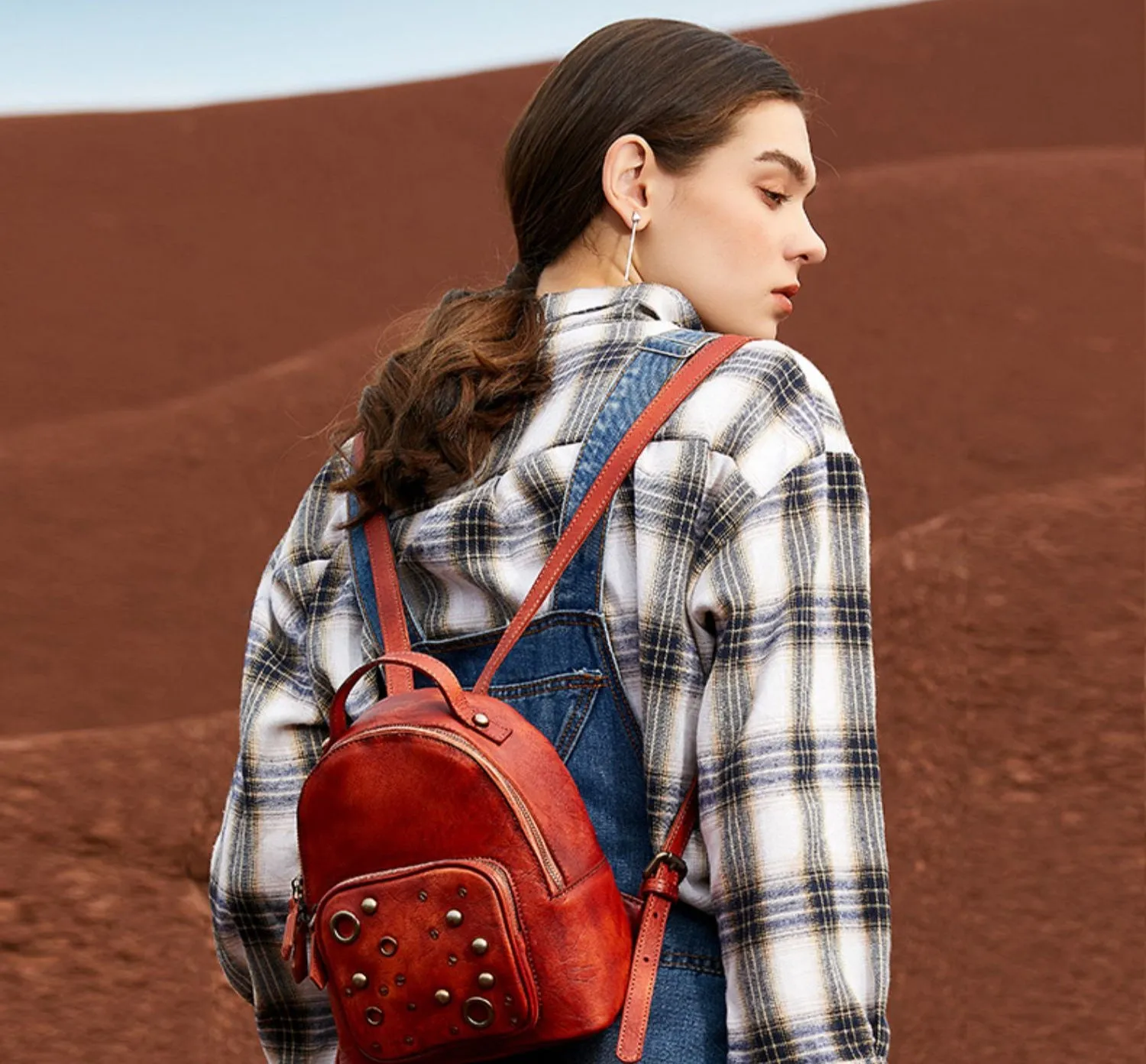 Best Vintage Rivet Red Leather Rucksack Womens Small School Backpacks Leather Backpack Purse