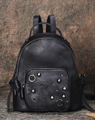 Best Vintage Rivet Red Leather Rucksack Womens Small School Backpacks Leather Backpack Purse