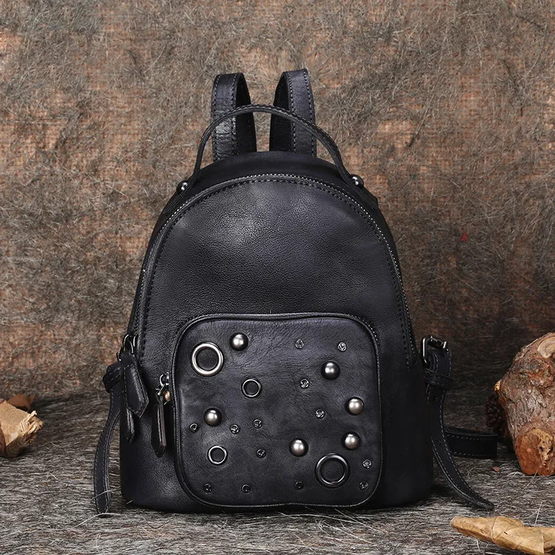 Best Vintage Rivet Red Leather Rucksack Womens Small School Backpacks Leather Backpack Purse