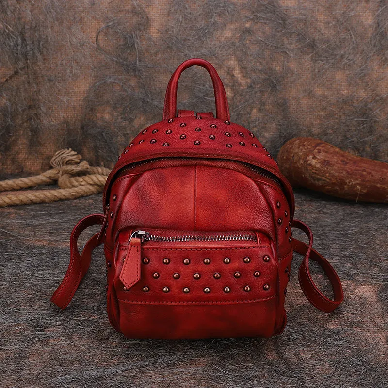 Best Vintage Rivets Brown Leather Rucksack Womens Small School Rucksack Leather Backpack Purse