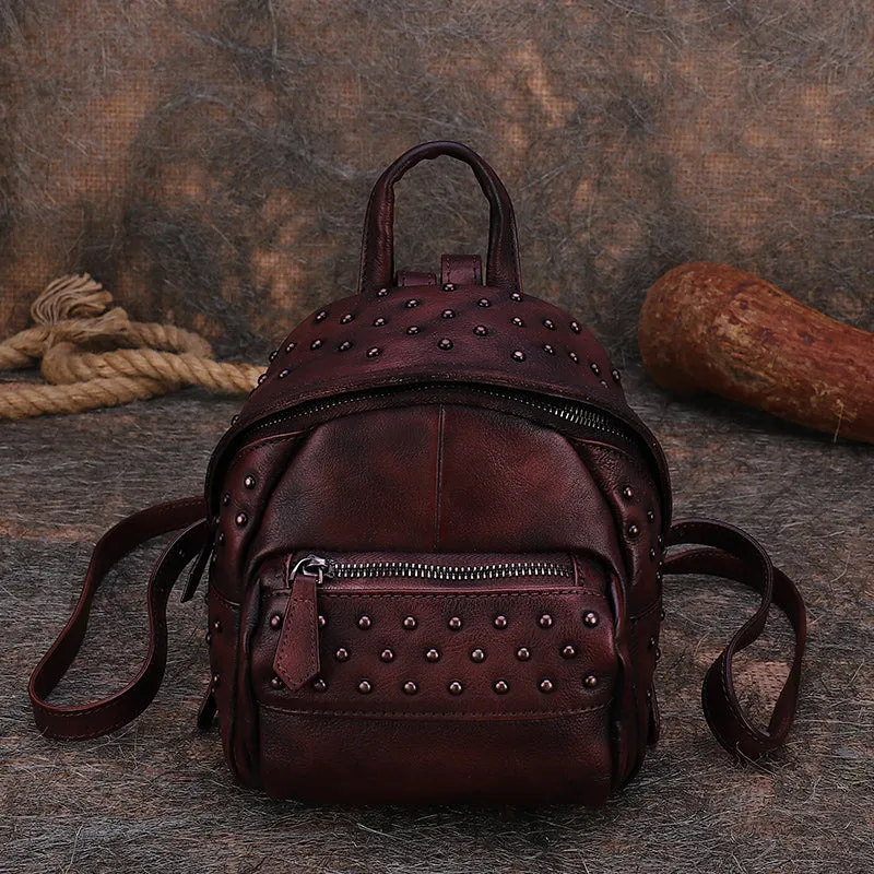 Best Vintage Rivets Brown Leather Rucksack Womens Small School Rucksack Leather Backpack Purse