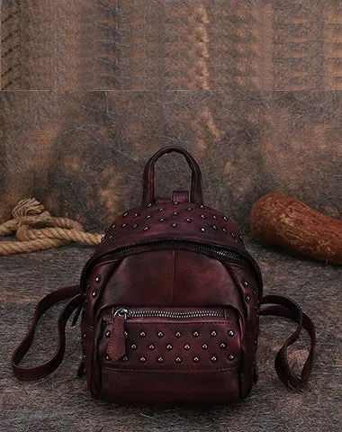 Best Vintage Rivets Red Leather Rucksack Womens Small School Rucksack Leather Backpack Purse