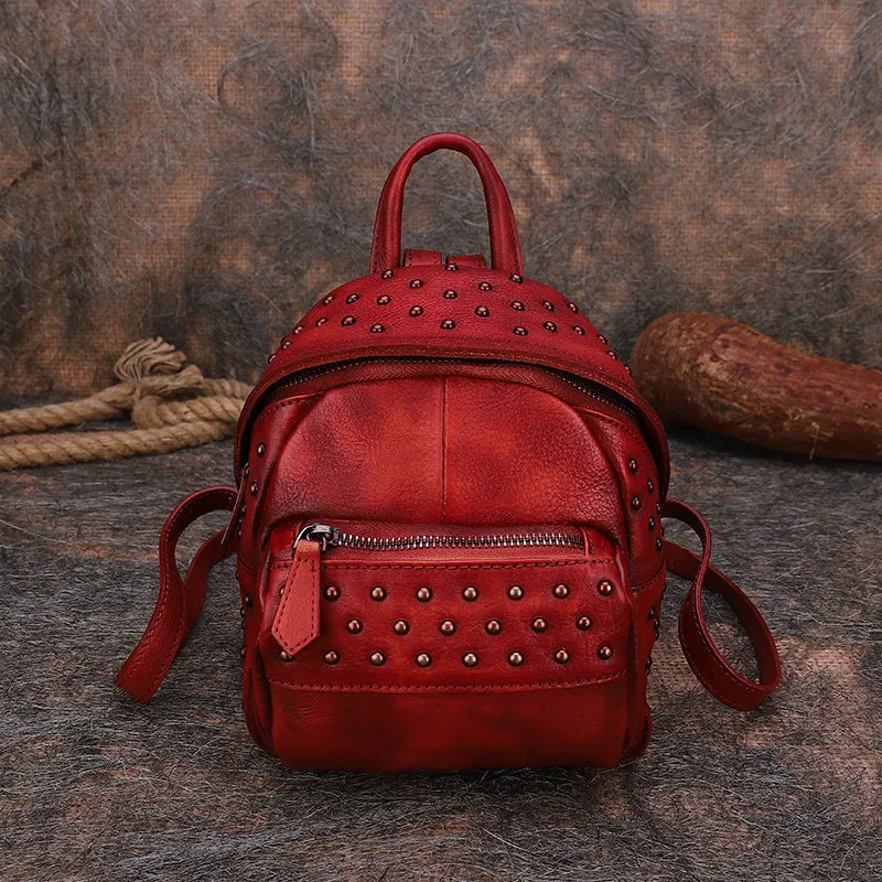 Best Vintage Rivets Red Leather Rucksack Womens Small School Rucksack Leather Backpack Purse