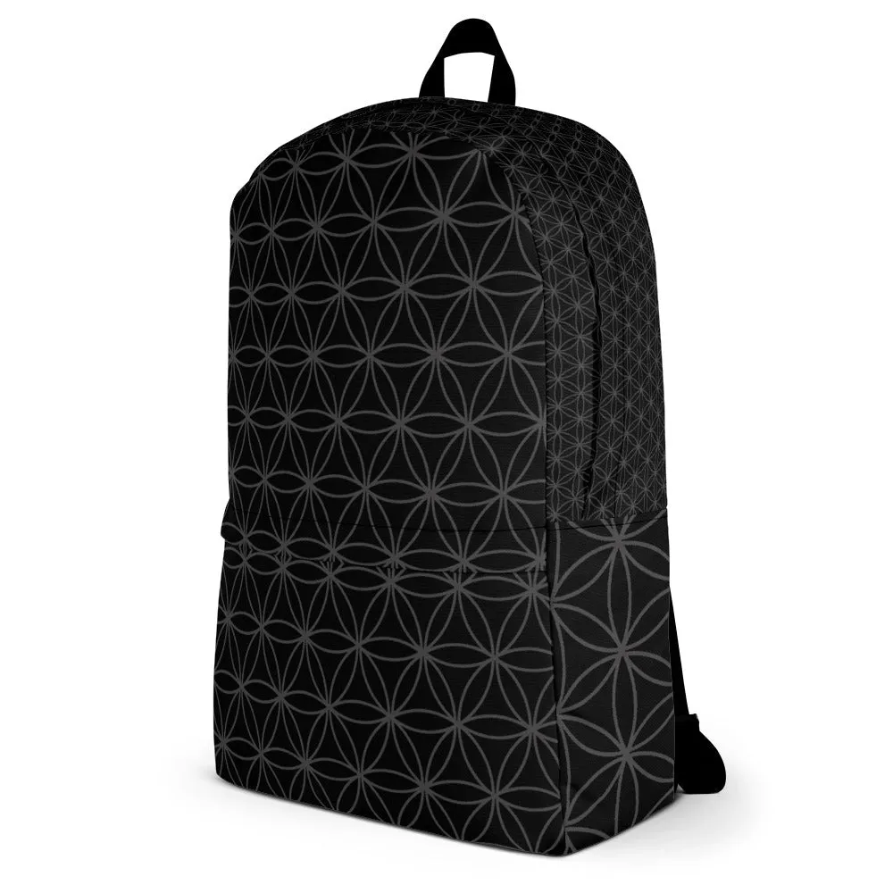 Black & White Sacred Geometry Flower Circle Backpack, Water-resistant material,