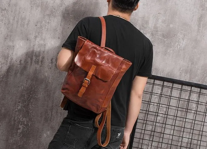 Black Brown Cool Mens Leather Backpack Travel Backpacks Leather Hiking Backpack for Men