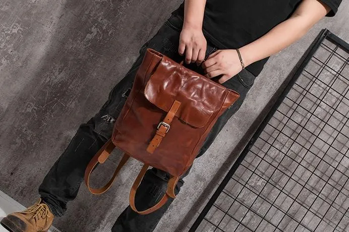 Black Brown Cool Mens Leather Backpack Travel Backpacks Leather Hiking Backpack for Men