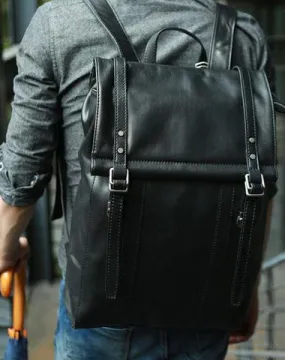 Black Leather Mens Backpack Travel Backpacks Laptop Backpack for men