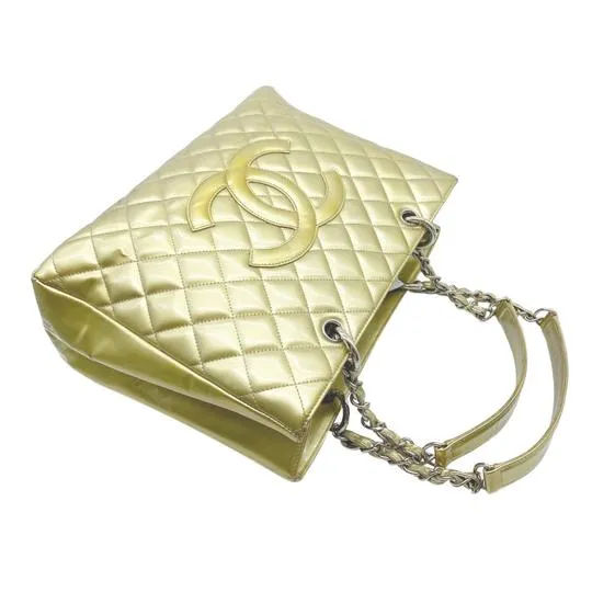 Chanel Shopping Quilted Grand Gst Gold Patent Leather Tote