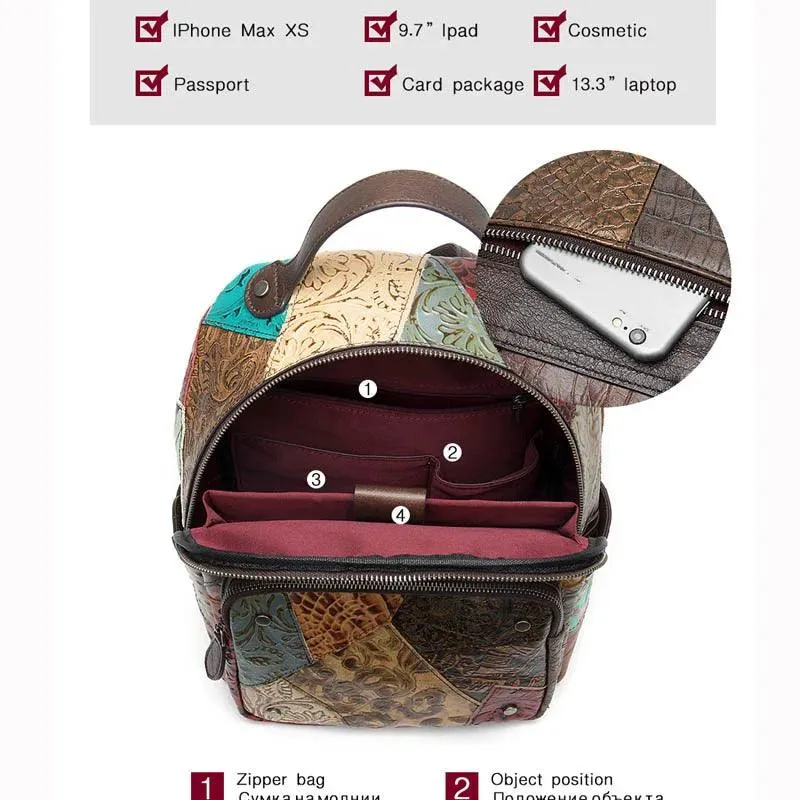 Colorful Patchwork Backpack For Women Genuine Leather