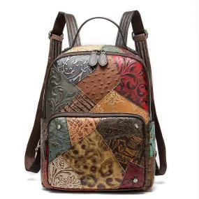 Colorful Patchwork Backpack For Women Genuine Leather