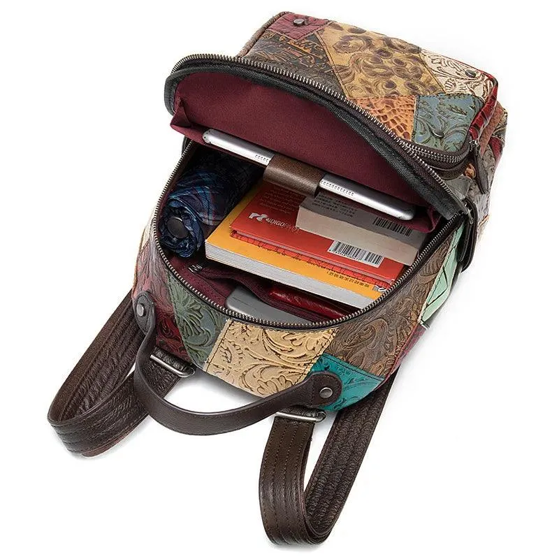 Colorful Patchwork Backpack For Women Genuine Leather