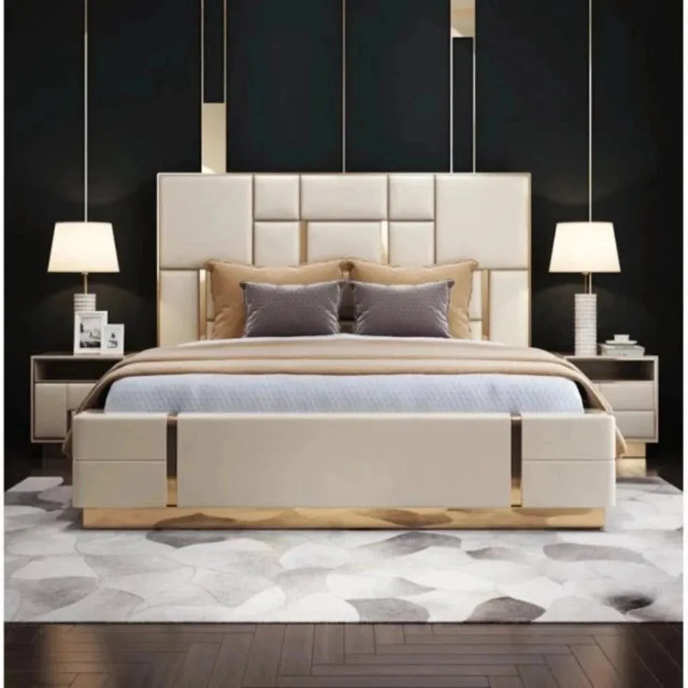 Dollar Luxury Upholstered Bed With Side Tables in Leatherette