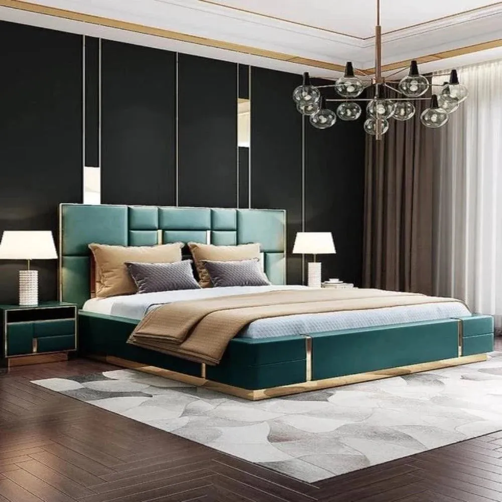 Dollar Luxury Upholstered Bed With Side Tables in Leatherette