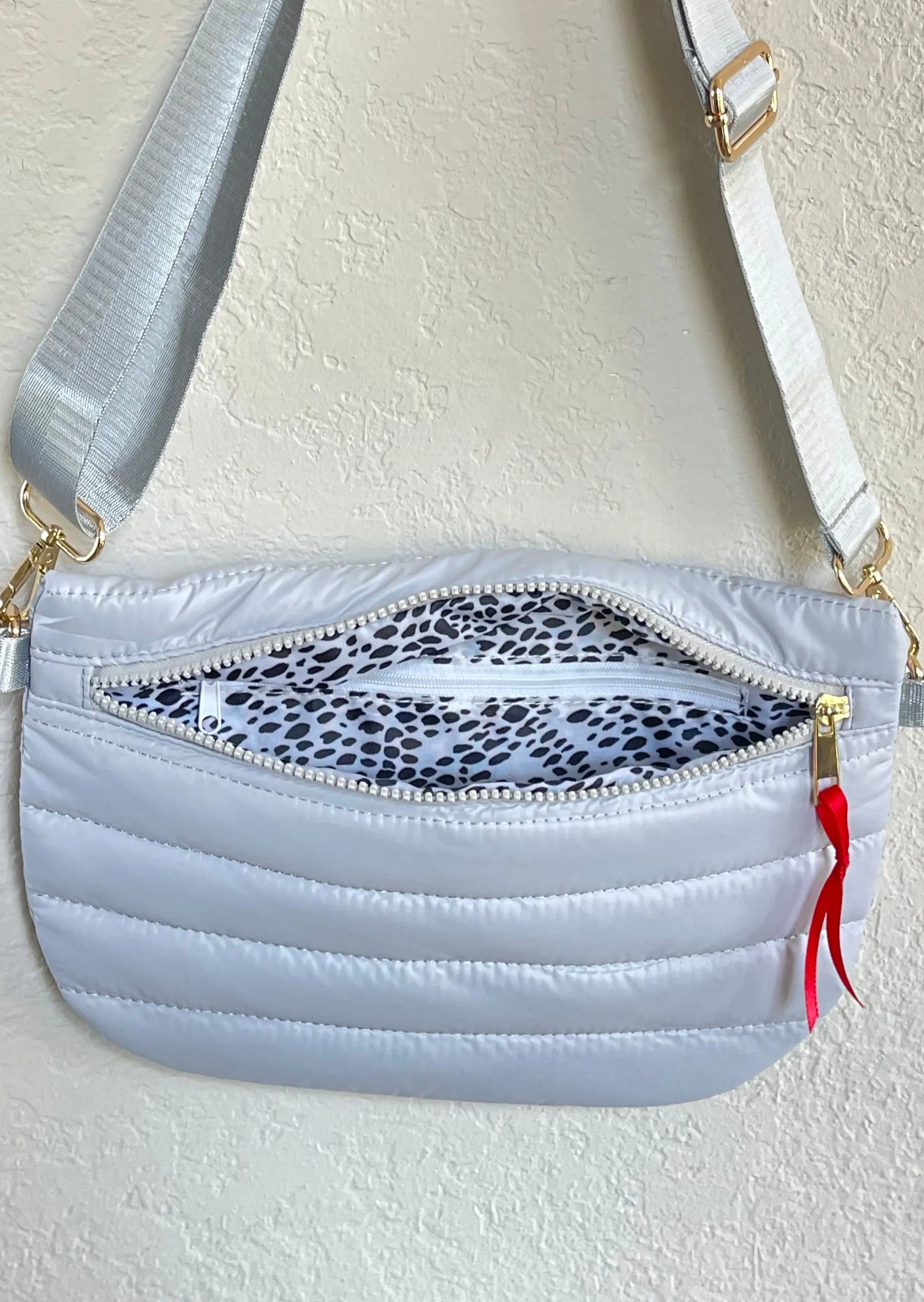 Jolie Puffer Belt Sling Bag in Light Gray