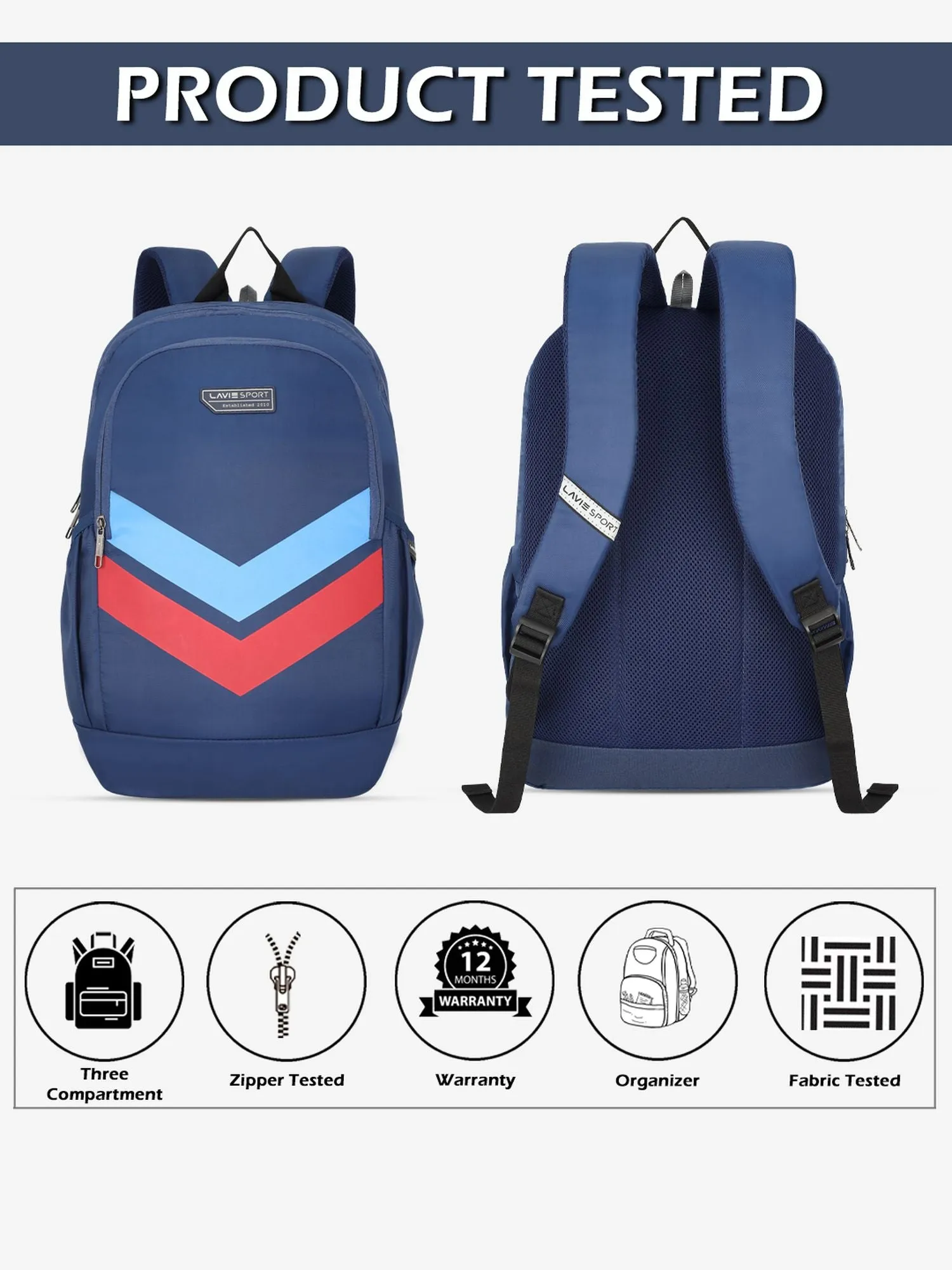 Lavie Sport Chevron 33L College Laptop Backpack with Rain cover For Boys & Girls|Men & Women Navy