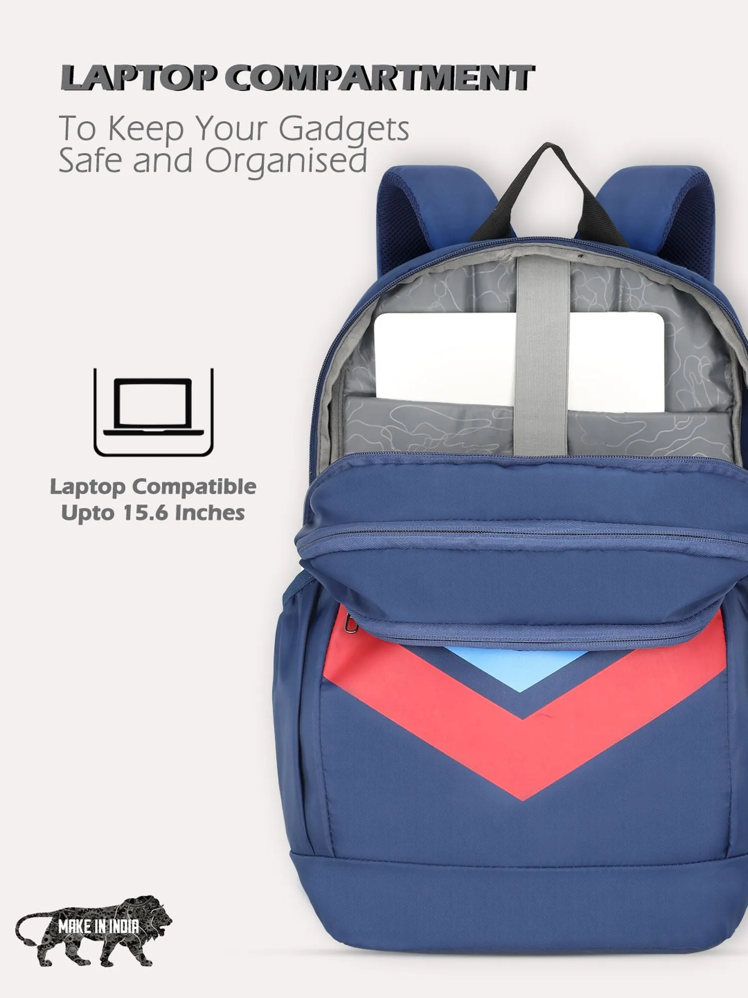 Lavie Sport Chevron 33L College Laptop Backpack with Rain cover For Boys & Girls|Men & Women Navy