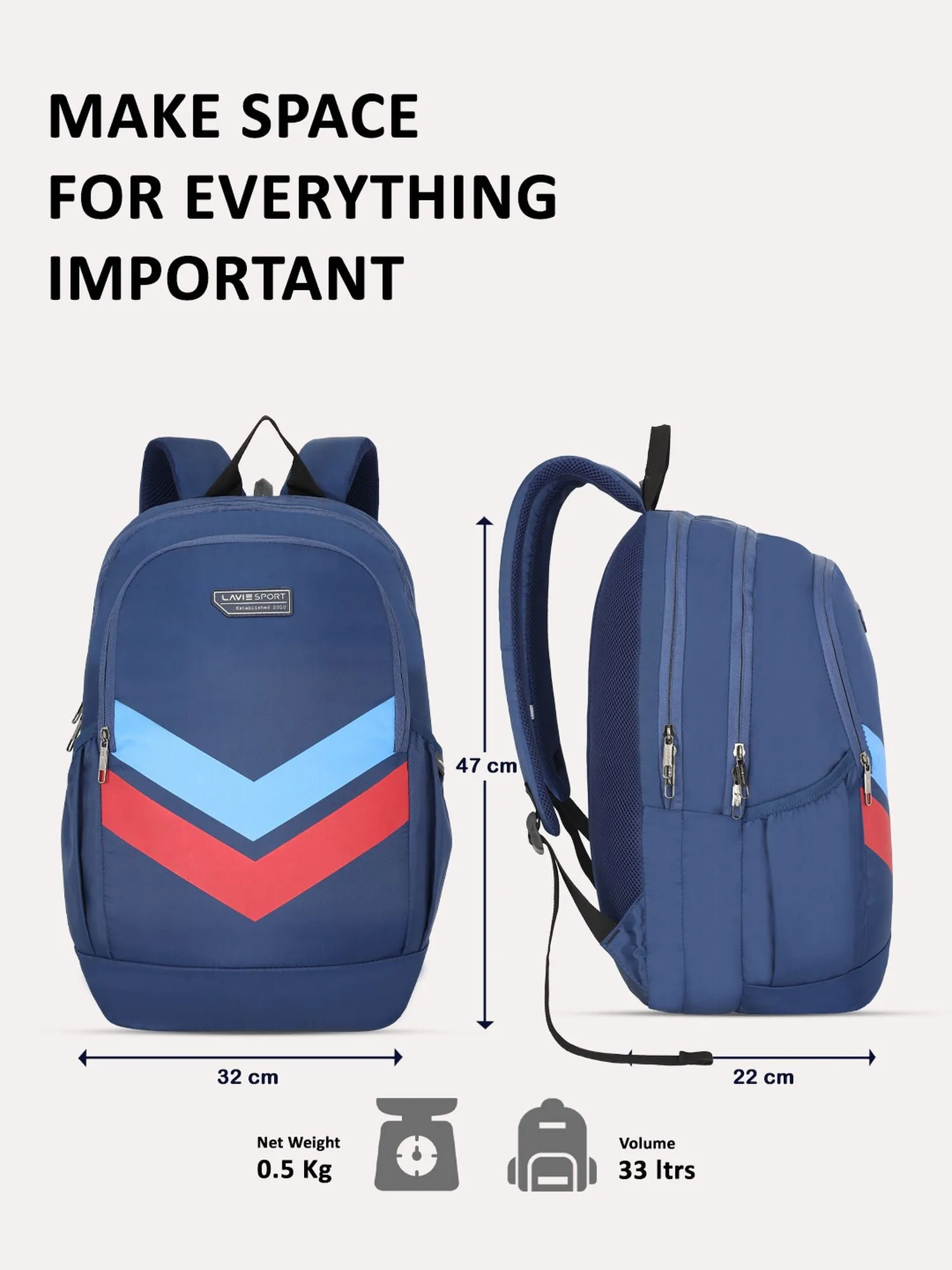 Lavie Sport Chevron 33L College Laptop Backpack with Rain cover For Boys & Girls|Men & Women Navy