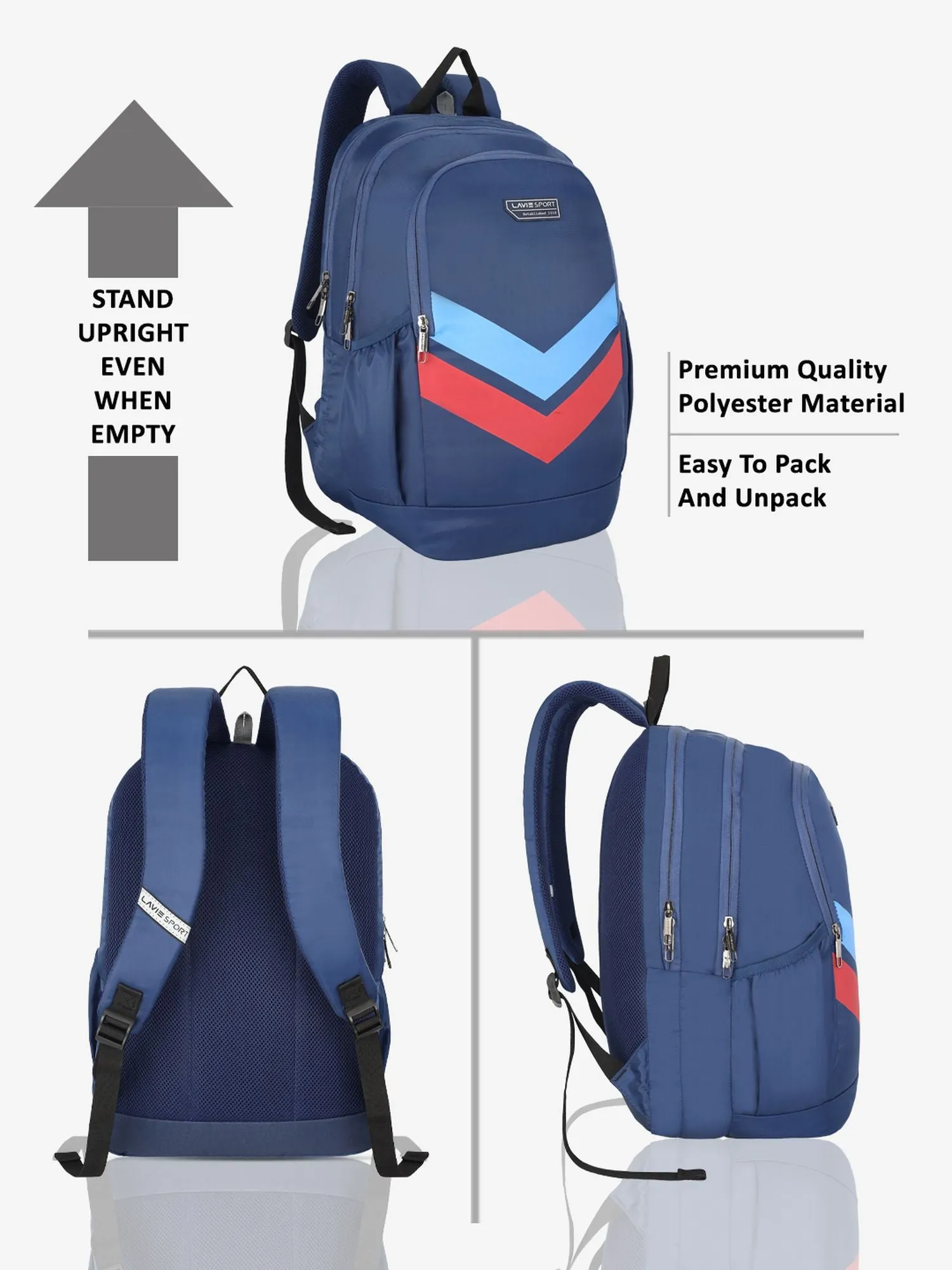 Lavie Sport Chevron 33L College Laptop Backpack with Rain cover For Boys & Girls|Men & Women Navy