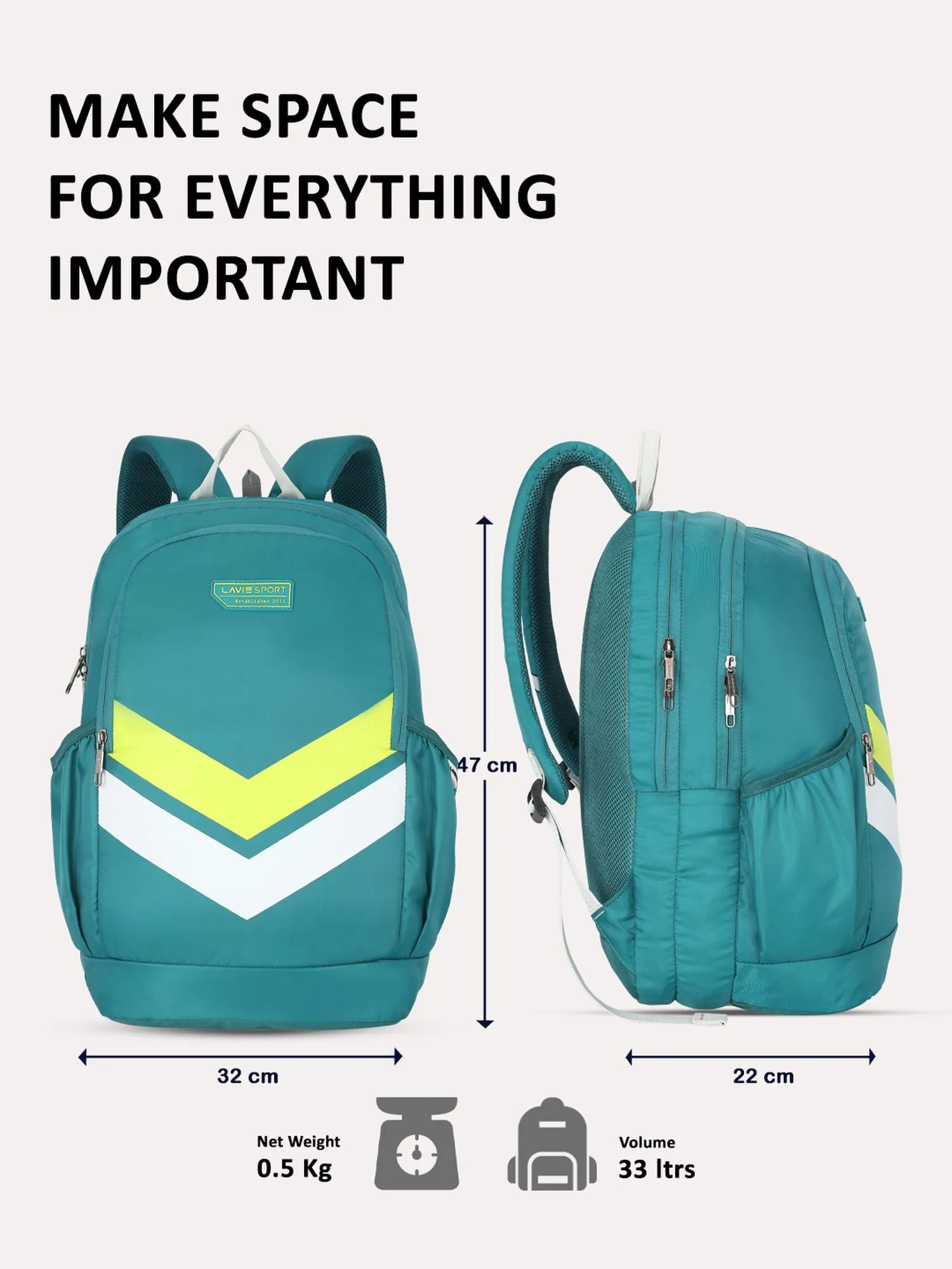 Lavie Sport Chevron 33L College Laptop Backpack with Rain cover For Boys & Girls|Men & Women Teal