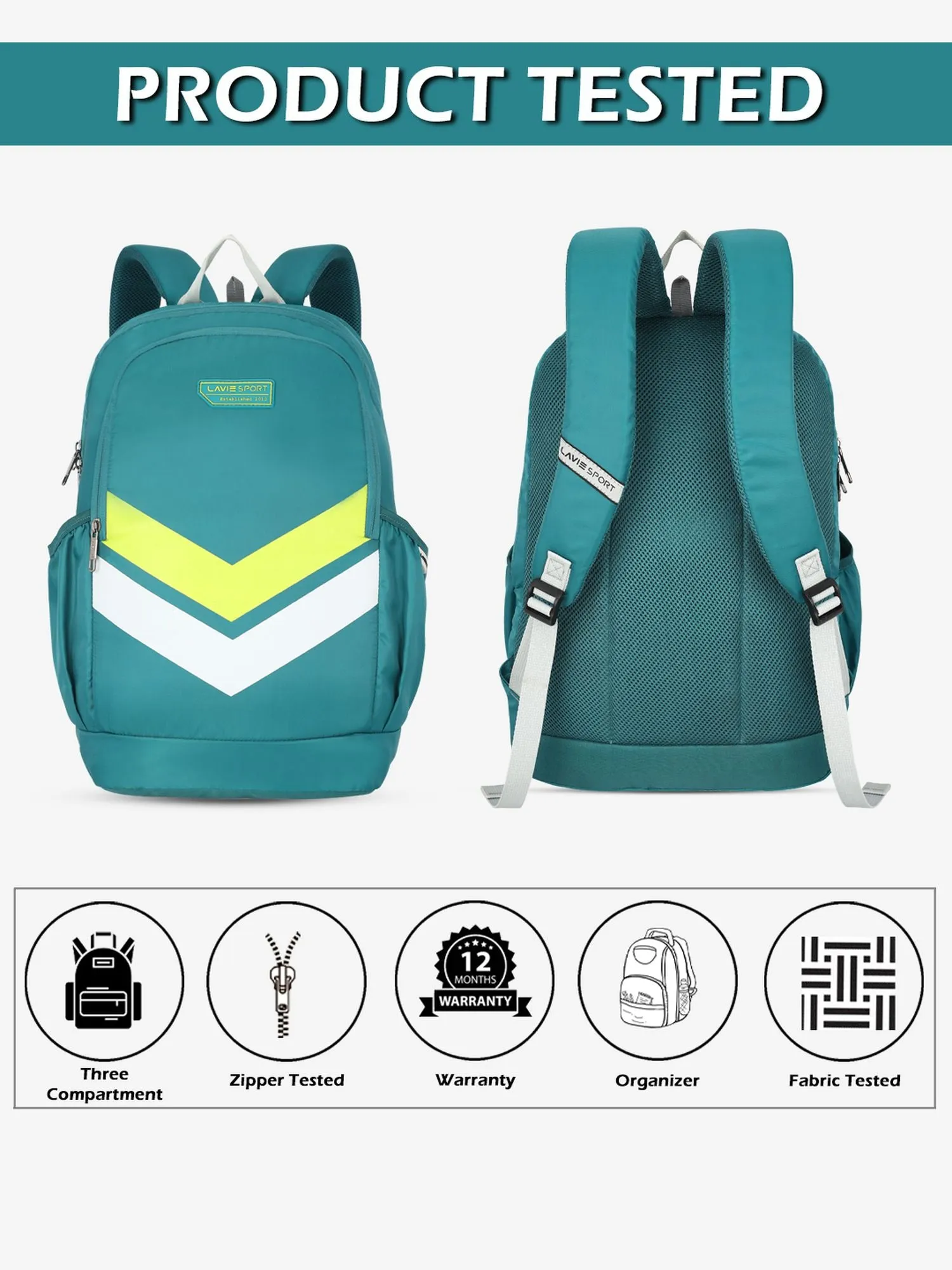 Lavie Sport Chevron 33L College Laptop Backpack with Rain cover For Boys & Girls|Men & Women Teal