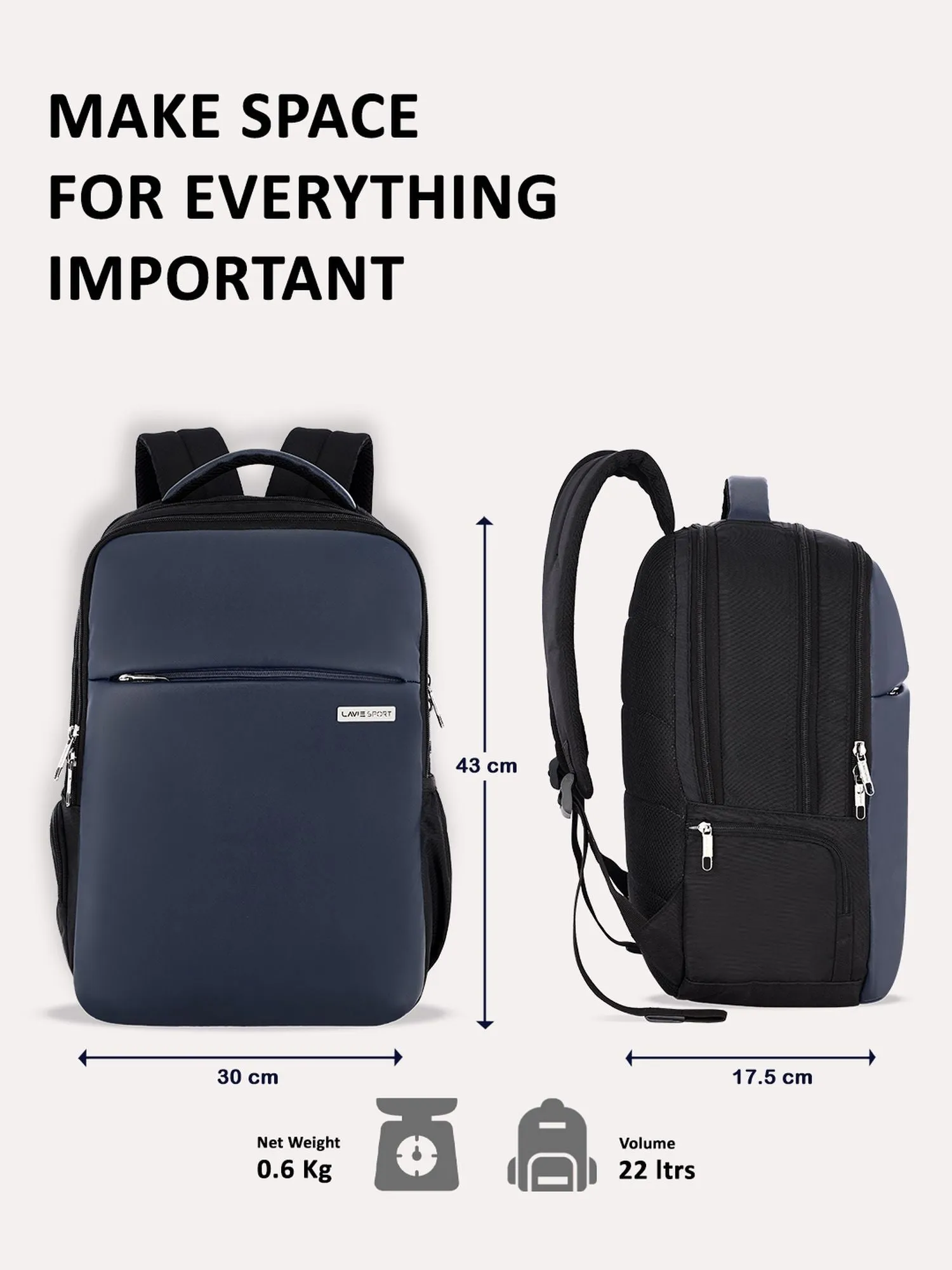 Lavie Sport Prodigy 22L Laptop Unisex Backpack For Men & Women|Casual Backpack for Girls & Boys Navy