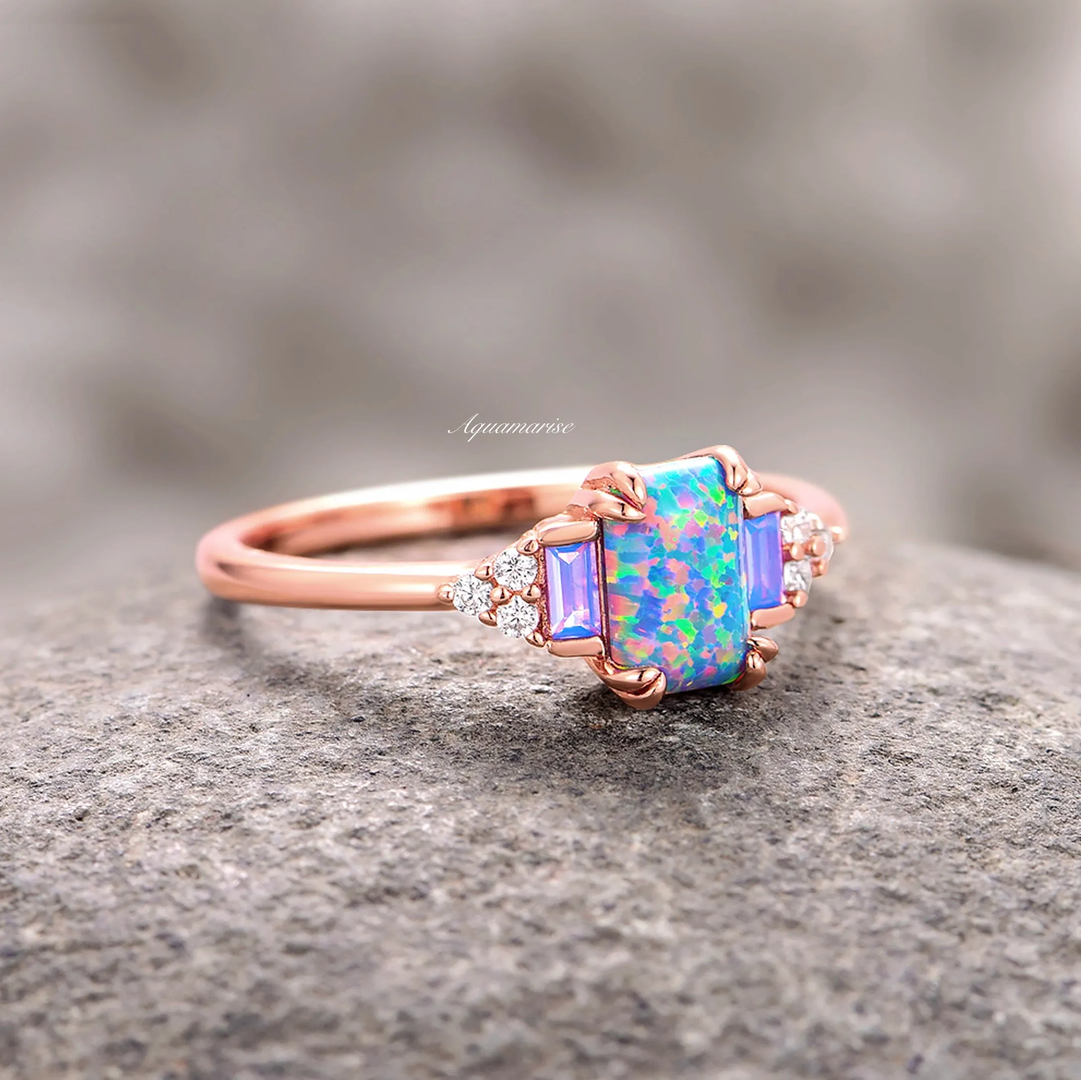 Light Blue Fire Opal & Opalescent Sapphire Ring- 14k Rose Gold Vermeil