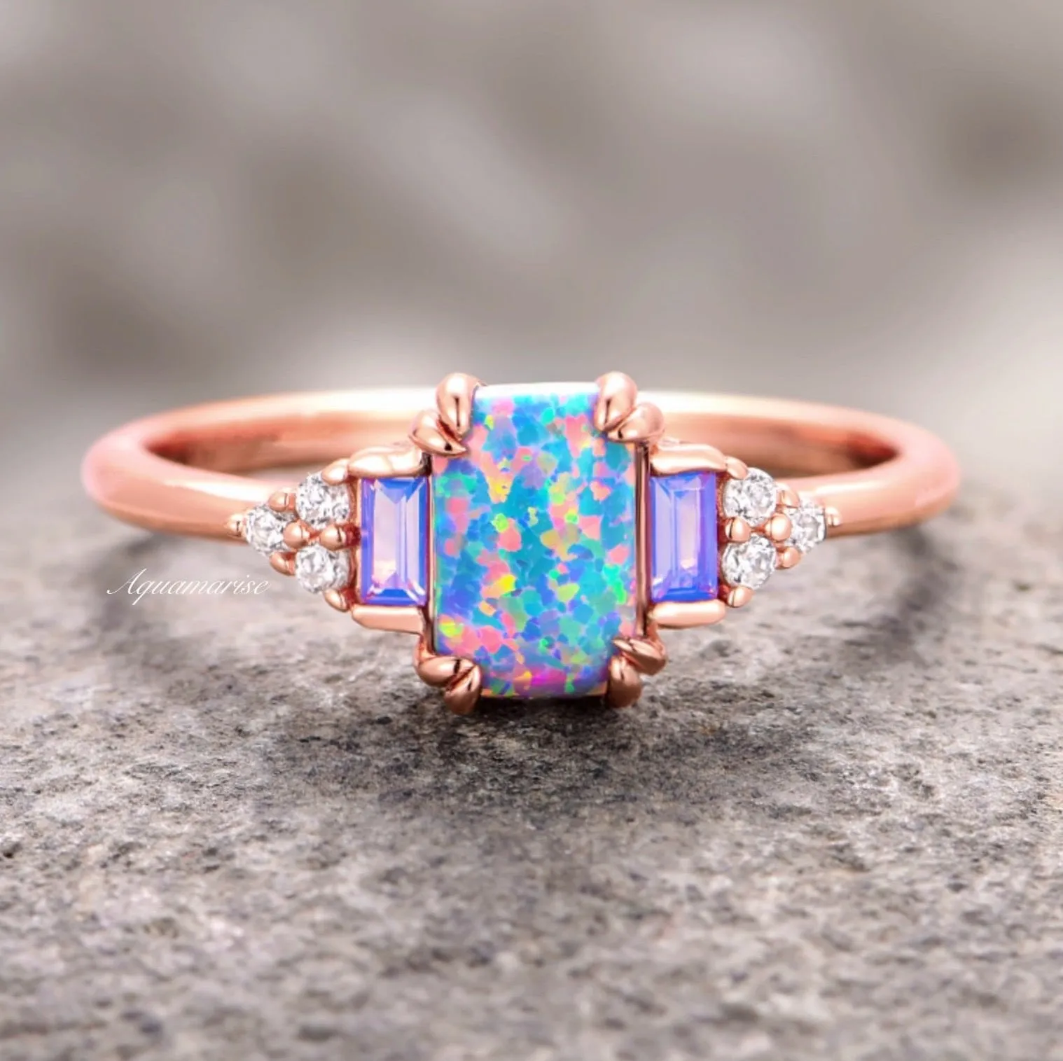 Light Blue Fire Opal & Opalescent Sapphire Ring- 14k Rose Gold Vermeil