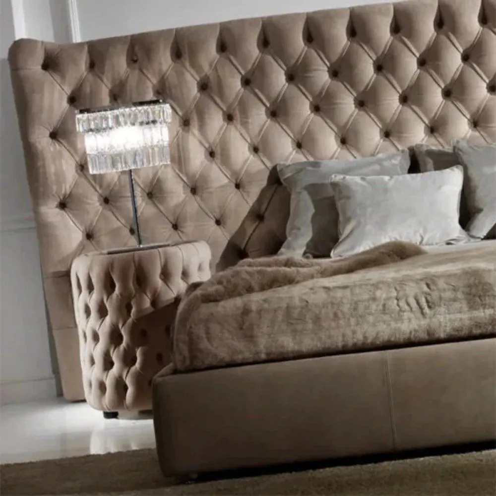 Modern Luxury Upholstered Bed With Round Side Tables in Suede