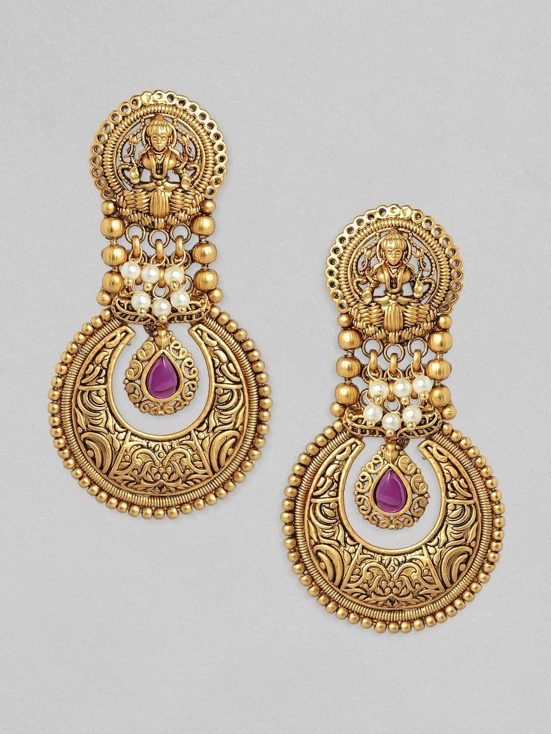 Rubans 24K Gold Plated Handcrafted Filigree & Pink Stone Temple Drop Earrings