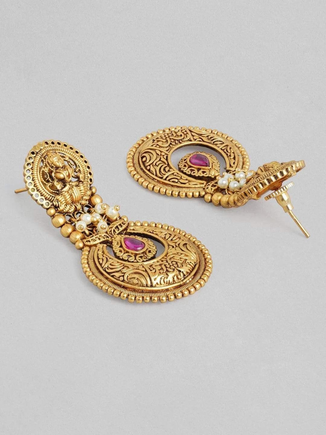 Rubans 24K Gold Plated Handcrafted Filigree & Pink Stone Temple Drop Earrings