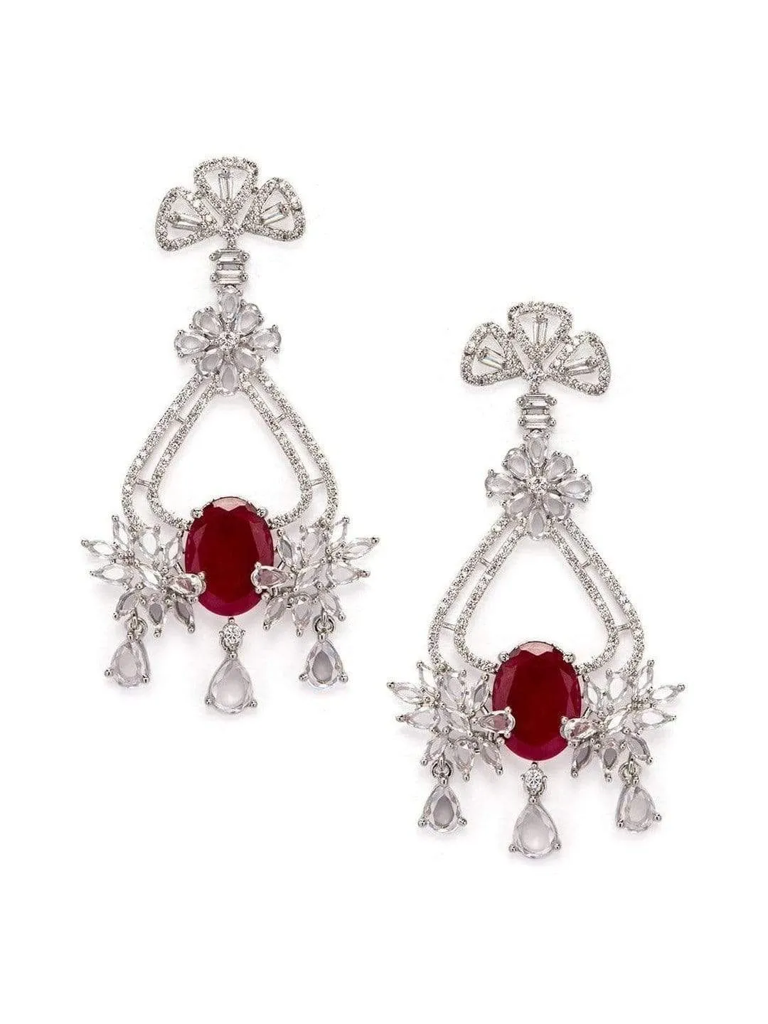 Rubans Adorable Ruby Stone Silver Toned Studded Drop Earrings