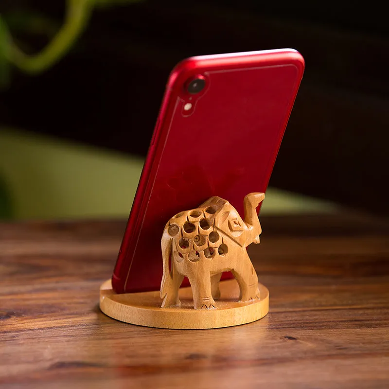 'The Saluting Elephant' Hand Carved & Hand Painted Mobile Stand Cum Showpiece In Cedar Wood