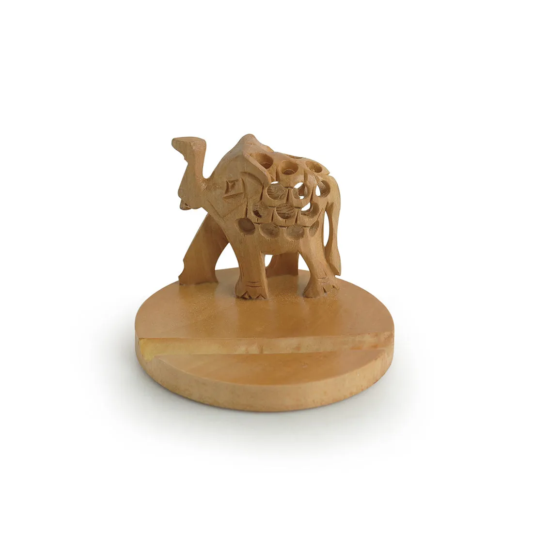 'The Saluting Elephant' Hand Carved & Hand Painted Mobile Stand Cum Showpiece In Cedar Wood